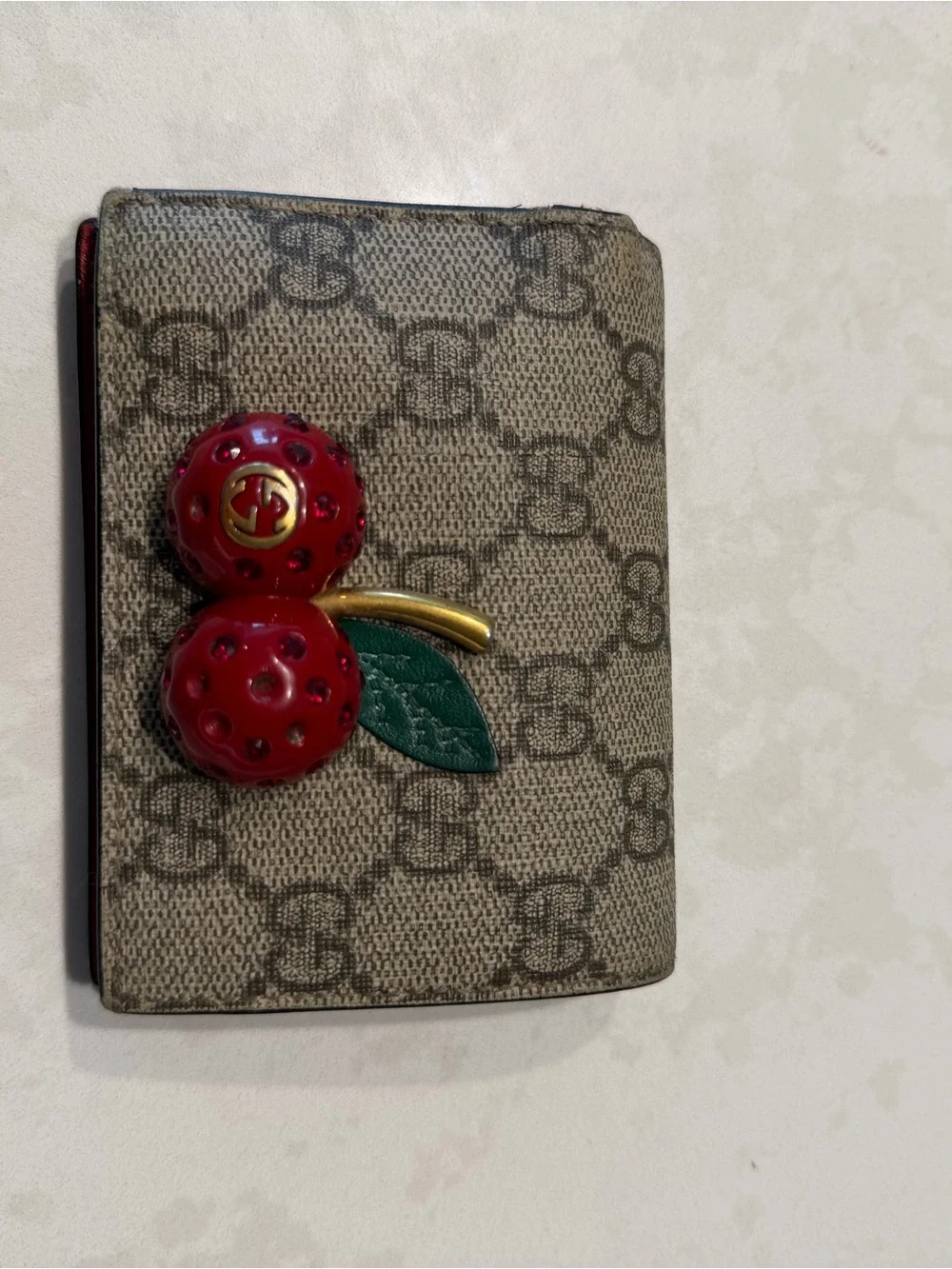 Gucci Beige GG Canvas Card Holder with Red Cherry Detail
